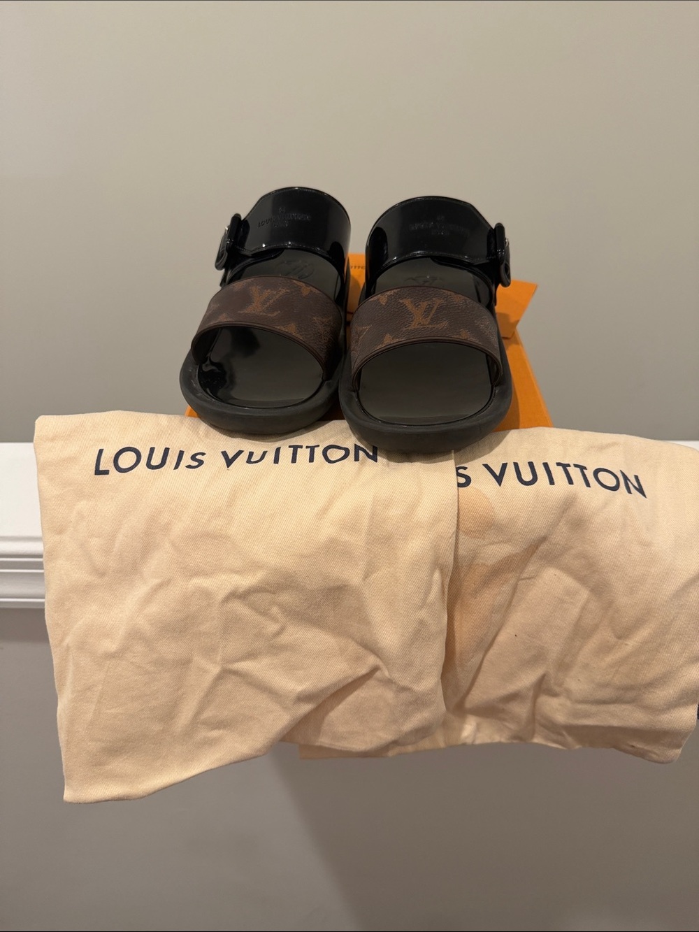Louis Vuitton Black and Brown Monogram Double-Strap Slides - Picture 3 of 6
